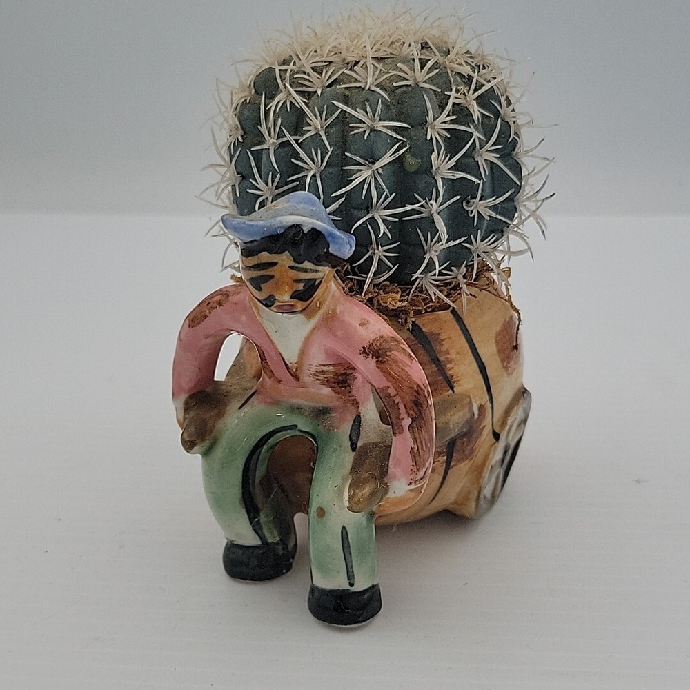 MINI FAKE FAUX PLANT POTS. CACTUS PLANTERS. Vintage Man Pulling Wagon